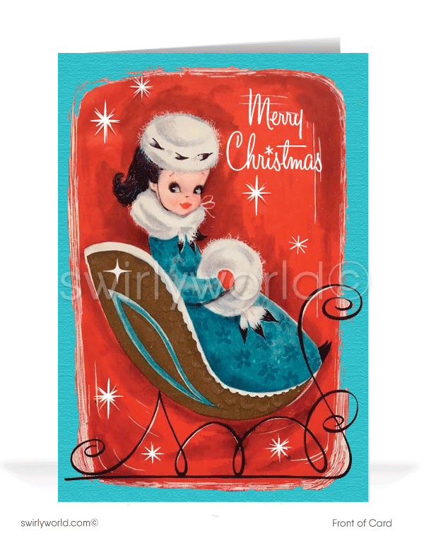 1960s kitsch vintage mid-century retro-modern Merry Christmas printed holiday cards for women.