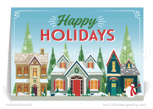 Traditional Neighborhood of Houses Realtor Christmas Holiday Cards for Clients.