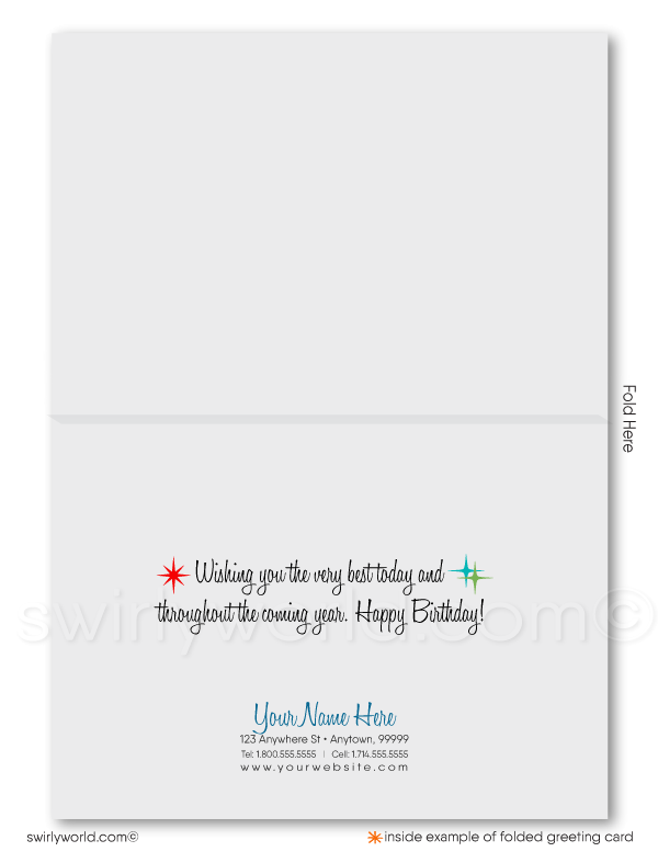 Celebrate your clients' special day with our unique Happy Birthday card. Featuring a retro mid-century modern design with a colorful striped gift and geometric red bow. Available as folded or flat cards. Customizable wording, thick card stock, and matching envelopes. Upgrade to personalized envelopes with your logo. Professional and memorable.