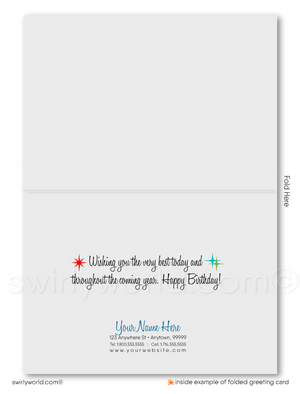 Celebrate your clients' special day with our unique Happy Birthday card. Featuring a retro mid-century modern design with a colorful striped gift and geometric red bow. Available as folded or flat cards. Customizable wording, thick card stock, and matching envelopes. Upgrade to personalized envelopes with your logo. Professional and memorable.