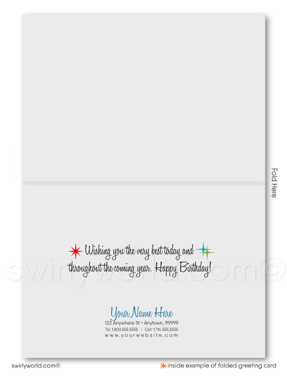 Celebrate your clients' special day with our unique Happy Birthday card. Featuring a retro mid-century modern design with a colorful striped gift and geometric red bow. Available as folded or flat cards. Customizable wording, thick card stock, and matching envelopes. Upgrade to personalized envelopes with your logo. Professional and memorable.