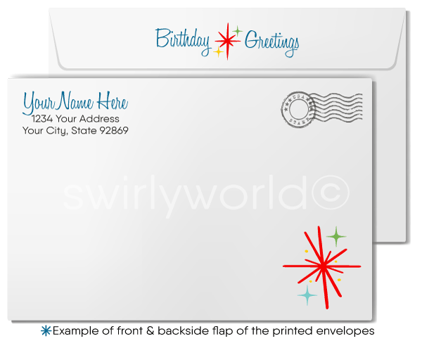 Celebrate your clients' special day with our unique Happy Birthday card. Featuring a retro mid-century modern design with a colorful striped gift and geometric red bow. Available as folded or flat cards. Customizable wording, thick card stock, and matching envelopes. Upgrade to personalized envelopes with your logo. Professional and memorable.