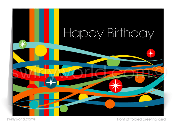 Celebrate your clients' special day with our vibrant and unique Happy Birthday card. Featuring a retro mid-century modern pattern with lines, dots, and starbursts. Available as folded or flat cards, printed on thick card stock with matching envelopes. Upgrade to personalized envelopes with your logo for a professional touch.