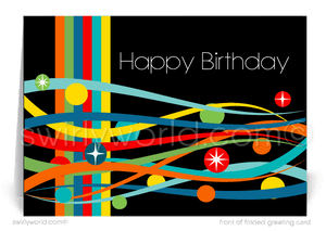 Celebrate your clients' special day with our vibrant and unique Happy Birthday card. Featuring a retro mid-century modern pattern with lines, dots, and starbursts. Available as folded or flat cards, printed on thick card stock with matching envelopes. Upgrade to personalized envelopes with your logo for a professional touch.