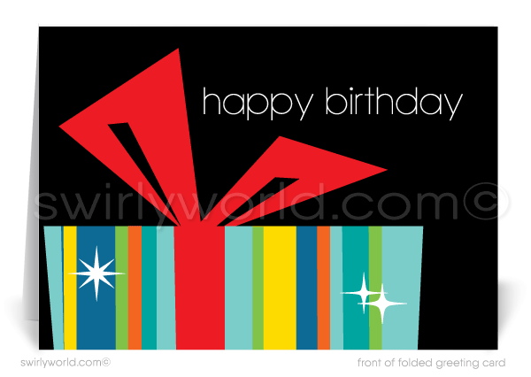 Celebrate your clients' special day with our unique Happy Birthday card. Featuring a retro mid-century modern design with a colorful striped gift and geometric red bow. Available as folded or flat cards. Customizable wording, thick card stock, and matching envelopes. Upgrade to personalized envelopes with your logo. Professional and memorable.
