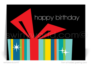 Celebrate your clients' special day with our unique Happy Birthday card. Featuring a retro mid-century modern design with a colorful striped gift and geometric red bow. Available as folded or flat cards. Customizable wording, thick card stock, and matching envelopes. Upgrade to personalized envelopes with your logo. Professional and memorable.