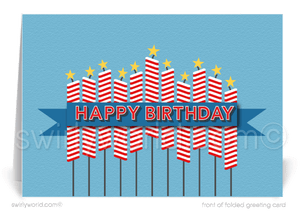 Retro Patriotic Red Blue Star American Happy Birthday Cards For Customers