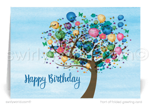 Gender Neutral Corporate Company Business Happy Birthday Greeting Cards. Birthday tree with balloons