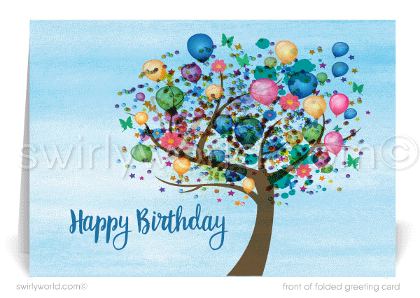 Gender Neutral Corporate Company Business Happy Birthday Greeting Cards. Birthday tree with balloons