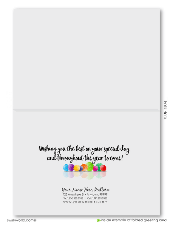 Celebrate your clients' special day with our unique Happy Birthday greeting card featuring a bouquet of colorful balloons spelling "Happy Birthday." Available as a folded card or a budget-friendly flat card. Printed on thick card stock with matching envelopes. Upgrade to customized envelopes with your logo for a professional touch.