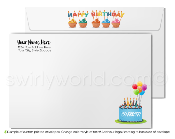 Celebrate your clients' special day with our unique Happy Birthday greeting card featuring a bouquet of colorful balloons spelling "Happy Birthday." Available as a folded card or a budget-friendly flat card. Printed on thick card stock with matching envelopes. Upgrade to customized envelopes with your logo for a professional touch.