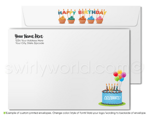 Celebrate your clients' special day with our unique Happy Birthday greeting card featuring a bouquet of colorful balloons spelling "Happy Birthday." Available as a folded card or a budget-friendly flat card. Printed on thick card stock with matching envelopes. Upgrade to customized envelopes with your logo for a professional touch.