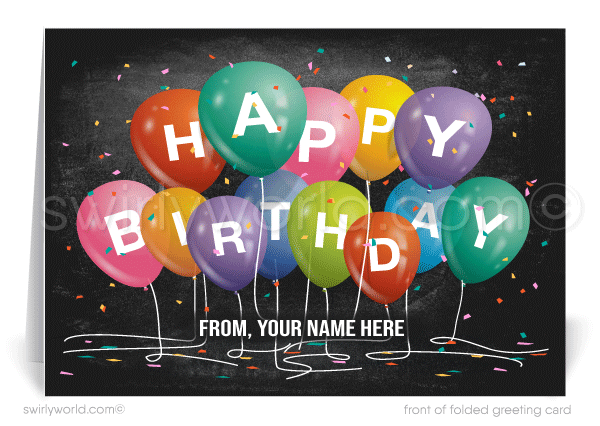 Celebrate your clients' special day with our unique Happy Birthday greeting card featuring a bouquet of colorful balloons spelling "Happy Birthday." Available as a folded card or a budget-friendly flat card. Printed on thick card stock with matching envelopes. Upgrade to customized envelopes with your logo for a professional touch.