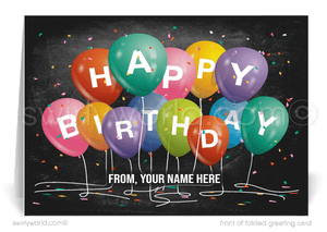 Celebrate your clients' special day with our unique Happy Birthday greeting card featuring a bouquet of colorful balloons spelling "Happy Birthday." Available as a folded card or a budget-friendly flat card. Printed on thick card stock with matching envelopes. Upgrade to customized envelopes with your logo for a professional touch.