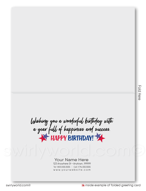 Celebrate your clients' special day with our exclusive Happy Birthday greeting card. Featuring retro calligraphy lettering with a red balloon and stars on a navy blue background. Available as folded or flat cards. Customizable wording, thick card stock, and matching envelopes. Upgrade to personalized envelopes with your logo. Professional and memorable.