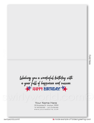 Celebrate your clients' special day with our exclusive Happy Birthday greeting card. Featuring retro calligraphy lettering with a red balloon and stars on a navy blue background. Available as folded or flat cards. Customizable wording, thick card stock, and matching envelopes. Upgrade to personalized envelopes with your logo. Professional and memorable.