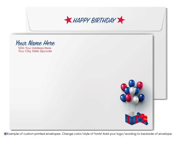 Celebrate your clients' special day with our exclusive Happy Birthday greeting card. Featuring retro calligraphy lettering with a red balloon and stars on a navy blue background. Available as folded or flat cards. Customizable wording, thick card stock, and matching envelopes. Upgrade to personalized envelopes with your logo. Professional and memorable.