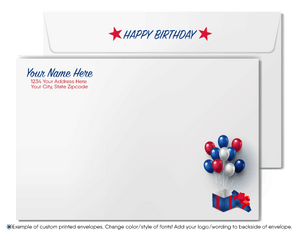 Celebrate your clients' special day with our exclusive Happy Birthday greeting card. Featuring retro calligraphy lettering with a red balloon and stars on a navy blue background. Available as folded or flat cards. Customizable wording, thick card stock, and matching envelopes. Upgrade to personalized envelopes with your logo. Professional and memorable.