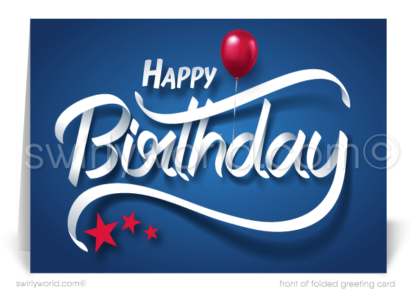 Celebrate your clients' special day with our exclusive Happy Birthday greeting card. Featuring retro calligraphy lettering with a red balloon and stars on a navy blue background. Available as folded or flat cards. Customizable wording, thick card stock, and matching envelopes. Upgrade to personalized envelopes with your logo. Professional and memorable.