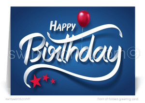 Celebrate your clients' special day with our exclusive Happy Birthday greeting card. Featuring retro calligraphy lettering with a red balloon and stars on a navy blue background. Available as folded or flat cards. Customizable wording, thick card stock, and matching envelopes. Upgrade to personalized envelopes with your logo. Professional and memorable.