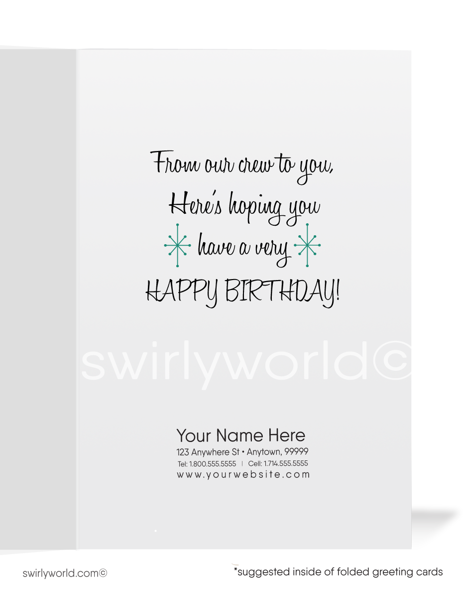 Are you looking for mid-century vintage 1950's style Happy Birthday cards? 1950's style vintage retro mid-century happy birthday cards. This vintage Happy Birthday card is perfect if you love retro design. Mid-century modern birthday cards. Swirly World wholesale printed vintage Happy Birthday cards. Vintage Birthday