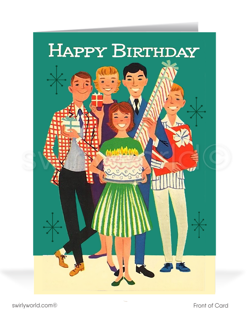 Are you looking for mid-century vintage 1950's style Happy Birthday cards? 1950's style vintage retro mid-century happy birthday cards. This vintage Happy Birthday card is perfect if you love retro design. Mid-century modern birthday cards. Swirly World wholesale printed vintage Happy Birthday cards. Vintage Birthday
