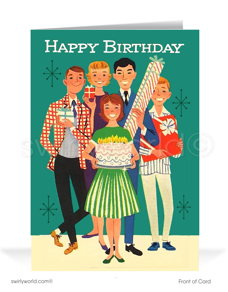 Are you looking for mid-century vintage 1950's style Happy Birthday cards? 1950's style vintage retro mid-century happy birthday cards. This vintage Happy Birthday card is perfect if you love retro design. Mid-century modern birthday cards. Swirly World wholesale printed vintage Happy Birthday cards. Vintage Birthday