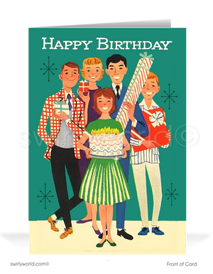 Are you looking for mid-century vintage 1950's style Happy Birthday cards? 1950's style vintage retro mid-century happy birthday cards. This vintage Happy Birthday card is perfect if you love retro design. Mid-century modern birthday cards. Swirly World wholesale printed vintage Happy Birthday cards. Vintage Birthday