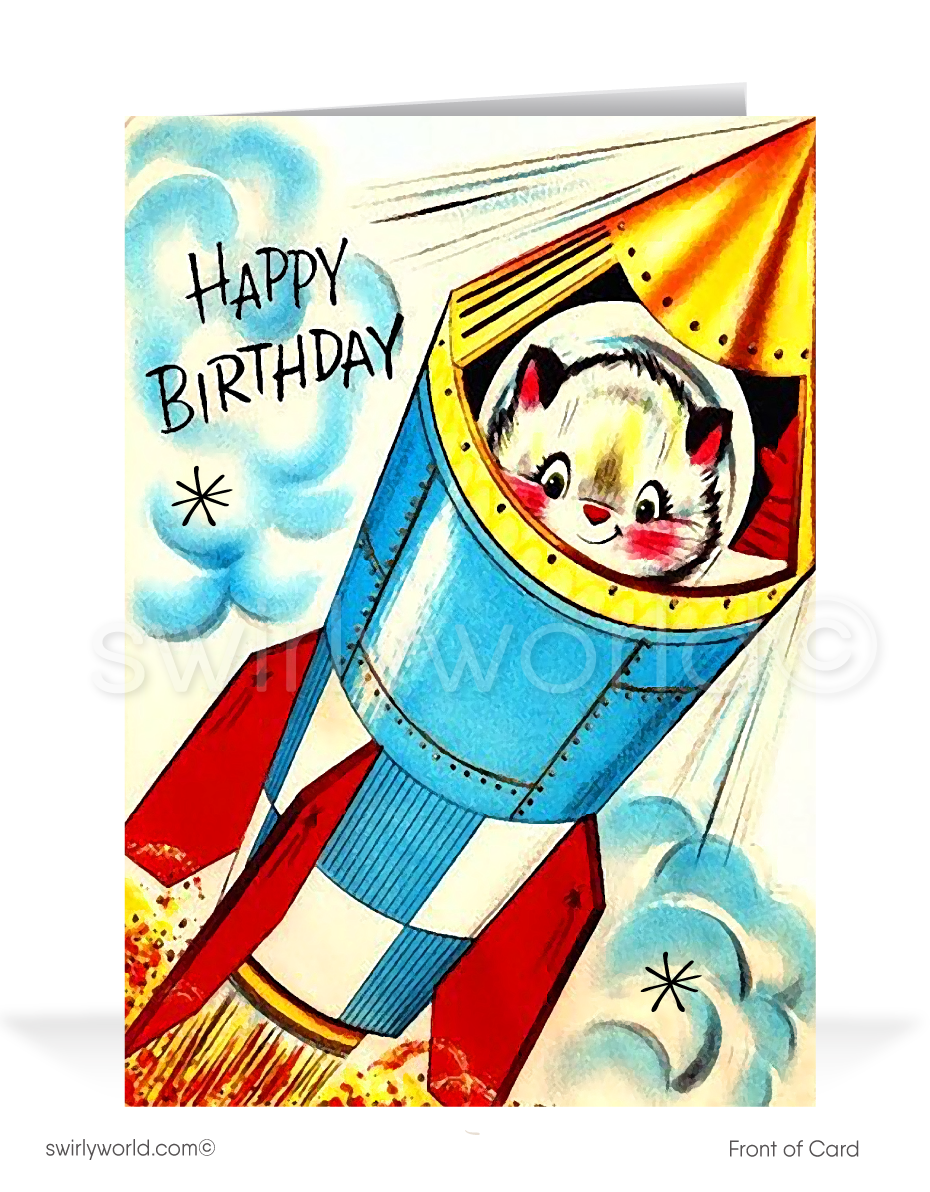 1950's style vintage retro mid-century happy birthday cards.Are you looking for mid-century vintage 1950's style Happy Birthday cards? 1950's style vintage retro mid-century happy birthday cards. This vintage Happy Birthday card is perfect if you love retro design. Mid-century modern birthday cards. Swirly World wholesale printed vintage Happy Birthday cards. Vintage Birthday