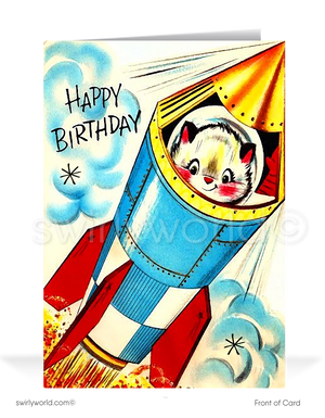 1950's style vintage retro mid-century happy birthday cards.Are you looking for mid-century vintage 1950's style Happy Birthday cards? 1950's style vintage retro mid-century happy birthday cards. This vintage Happy Birthday card is perfect if you love retro design. Mid-century modern birthday cards. Swirly World wholesale printed vintage Happy Birthday cards. Vintage Birthday