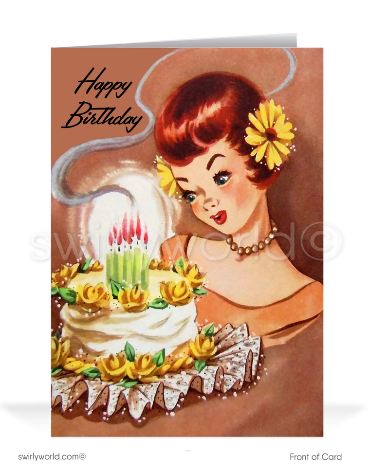Are you looking for mid-century vintage 1950's style Happy Birthday cards? 1950's style vintage retro mid-century happy birthday cards. This vintage Happy Birthday card is perfect if you love retro design. Mid-century modern birthday cards. Swirly World wholesale printed vintage Happy Birthday cards. Vintage Birthday