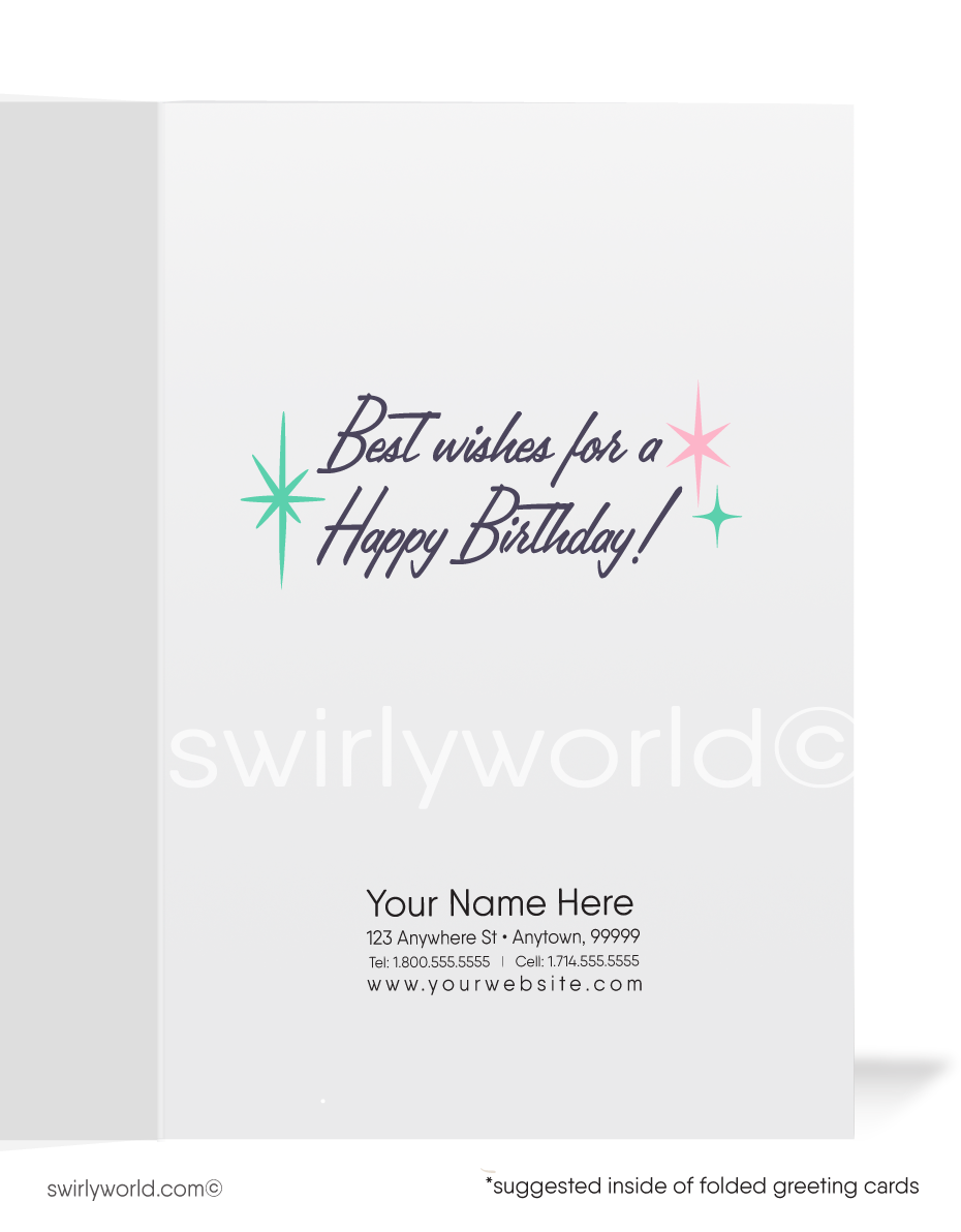 Vintage pink mid-century modern retro happy birthday greeting cards.