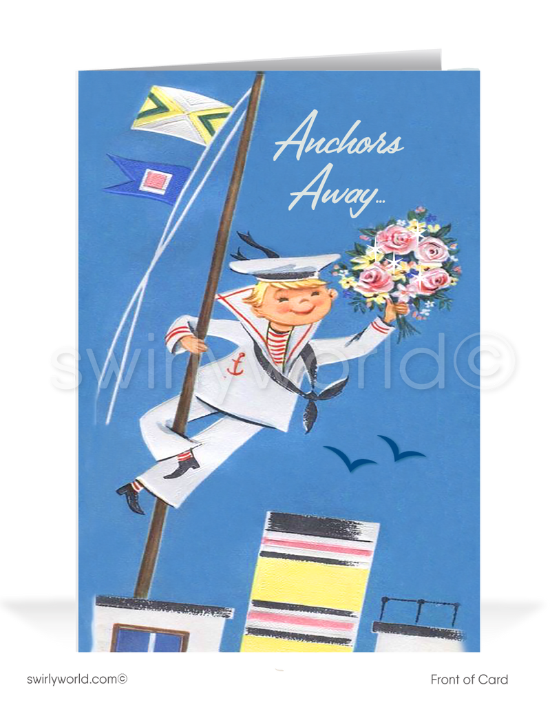 Vintage Sailor 1950's mid-century mod retro happy birthday cards. Anchors Away!