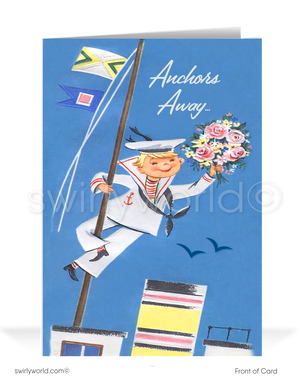Vintage Sailor 1950's mid-century mod retro happy birthday cards. Anchors Away!