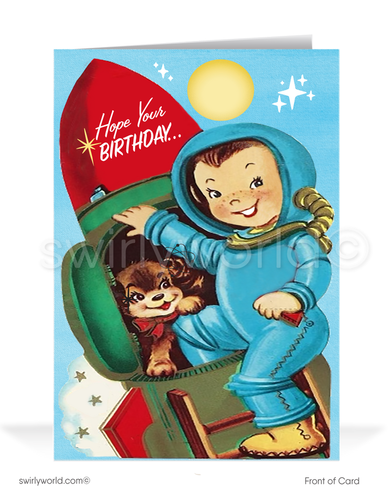 Retro Mid-Century 1950's Vintage Astronaut Happy Birthday Cards. Outer space vintage retro atomic modern birthday cards.