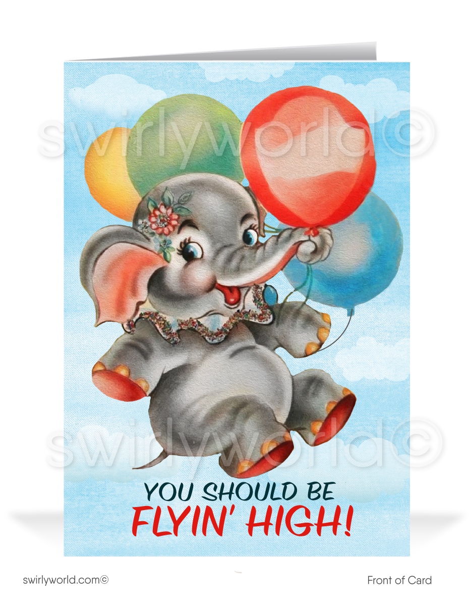 1940's Cute Flying Elephant Retro Style Vintage Happy Birthday Cards