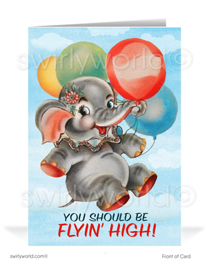 1940's Cute Flying Elephant Retro Style Vintage Happy Birthday Cards