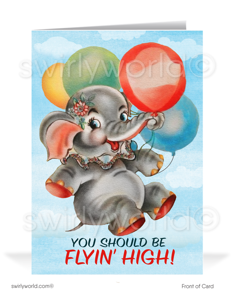 1940's Cute Flying Elephant Retro Style Vintage Happy Birthday Cards