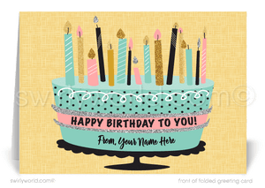 Retro Modern Cute Birthday Cake Corporate Business Happy Birthday Cards for Customers.