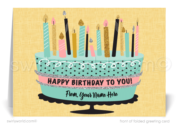 Retro Modern Cute Birthday Cake Corporate Business Happy Birthday Cards for Customers.