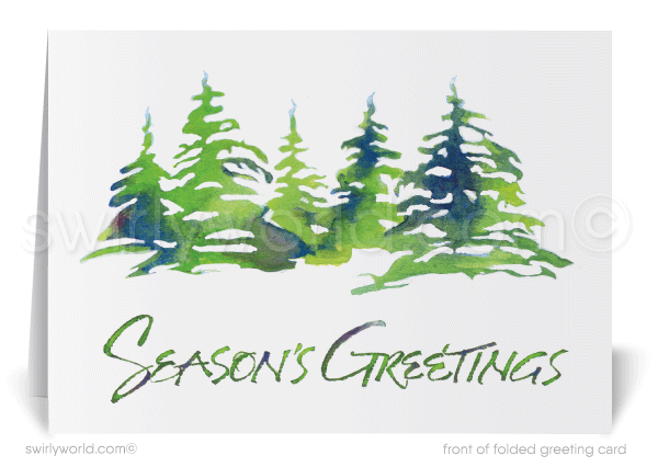 Retro Contemporary Watercolor Forest Trees Christmas Holiday Cards for Business Professionals.