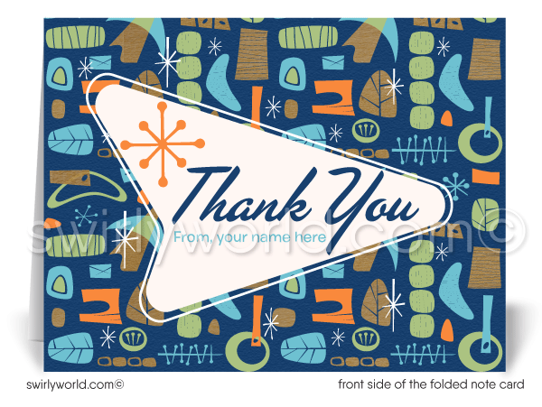 Retro Atomic Tiki Mid-Century Modern Design Thank You Note Cards for Realtors, Architects, Designers. Starbursts retro design
