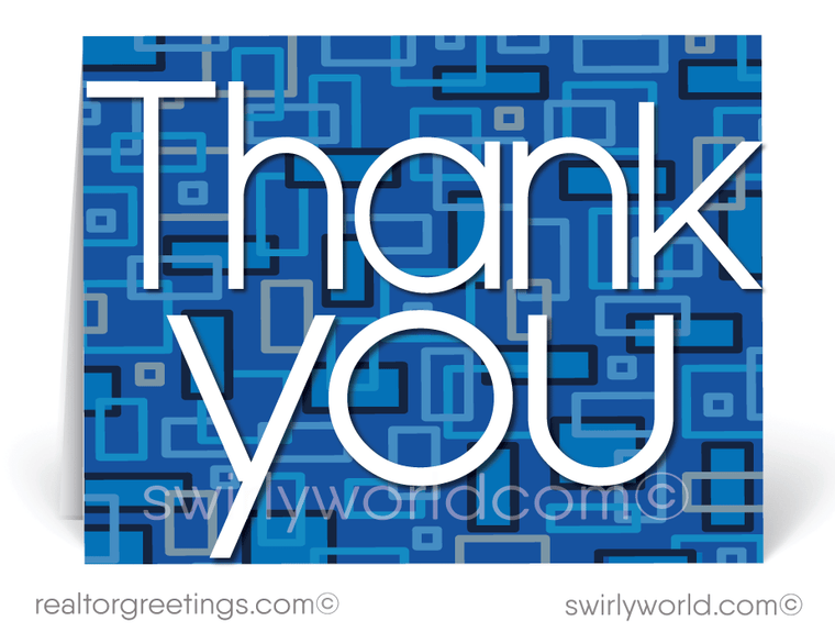 Retro Modern Pattern Blue Thank You Note Cards