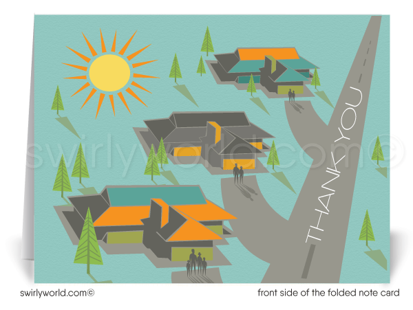 Retro Mid-Century Modern Homes Neighborhood Thank You Note Cards for Realtors, Architects, Designers.