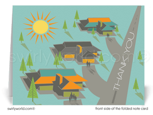 Retro Mid-Century Modern Homes Neighborhood Thank You Note Cards for Realtors, Architects, Designers.