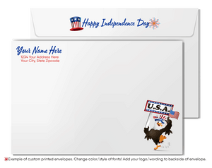 Patriotic American red, white, and blue flag with Bald Eagle celebrating Happy Independence Day; happy 4th of July greeting cards for business.
