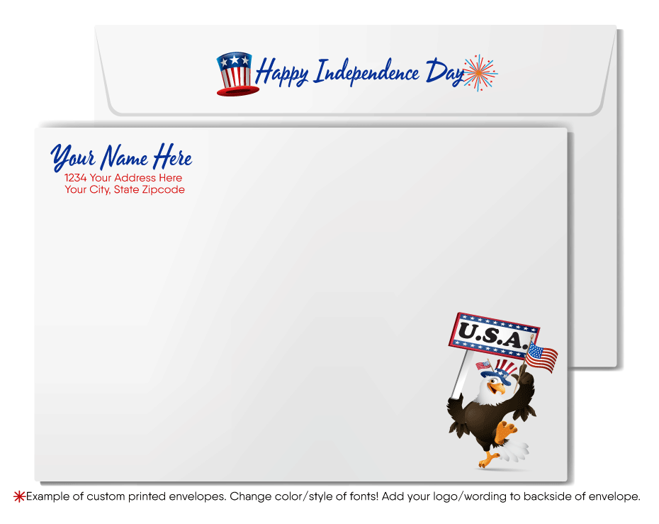  Patriotic American red, white, and blue flag with fireworks celebrating Happy Independence Day; happy 4th of July greeting cards for business.