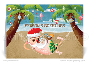 This design features a laid-back Santa Claus lounging on a hammock, sipping from a coconut shell cup, and surrounded by palm trees adorned with festive retro-style ornaments. This unique illustration captures the spirit of the season with a delightful vintage twist.