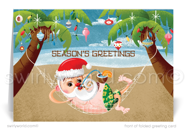 Funny Humorous Retro Hawaiian Tiki Santa Claus Merry Christmas Holiday Greeting Cards for Business Customers. Retro mid-century modern tiki hawaiian santa claus relaxing in hammock on beach.