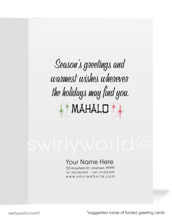 Retro style vintage Hawaiian hula girl playing ukulele on beach with tiki mid-century Christmas holiday cards.